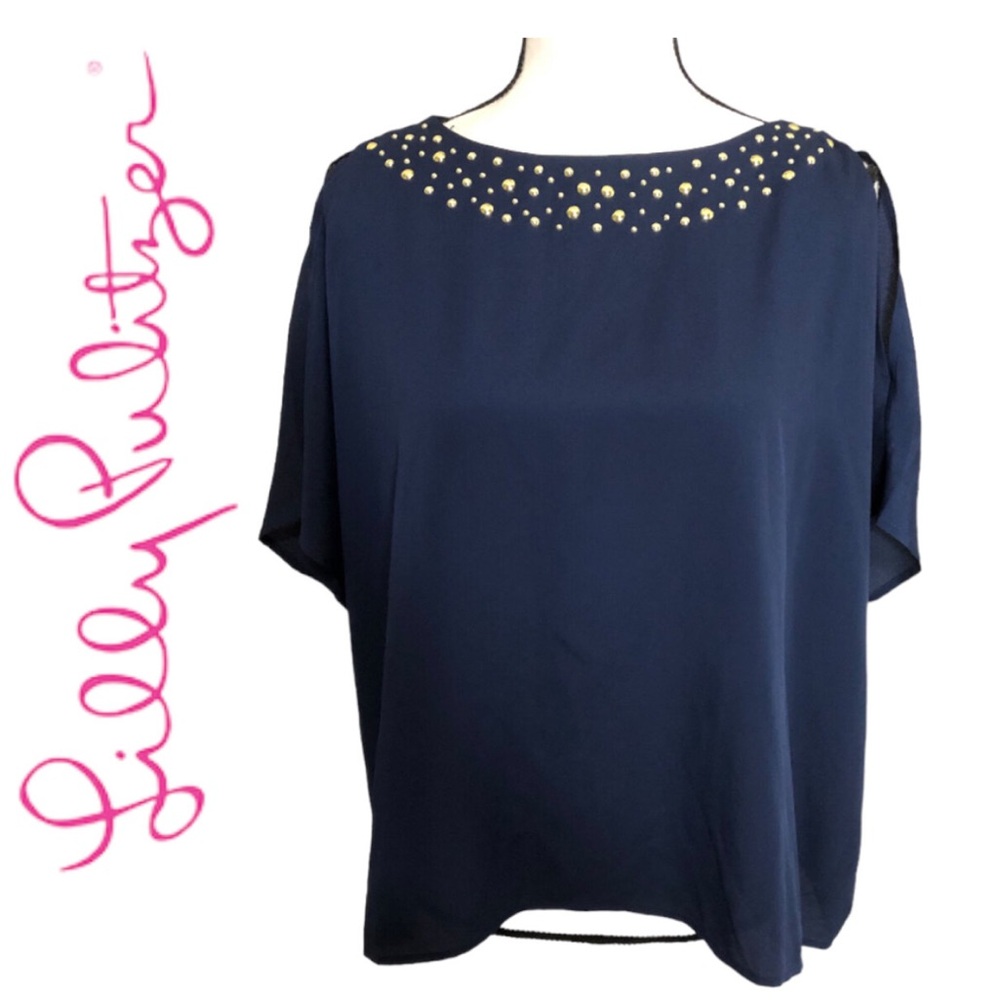 Lilly Pulitzer Navy Blue Gold Studded Blouse Short Sleeve Top Women L